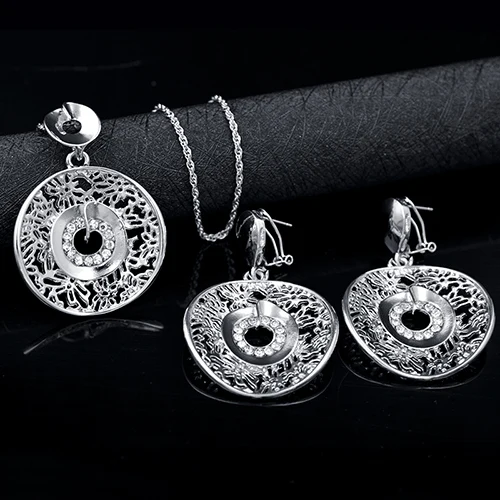 Earrings Necklace Sunny Jewelry, классические круглые Ювелирные наборы для женщин, серьги, ожерелье, циркониевые Цветочные Ювелирные наборы для свадьбы, помолвки - Окраска металла: Earrings Necklace