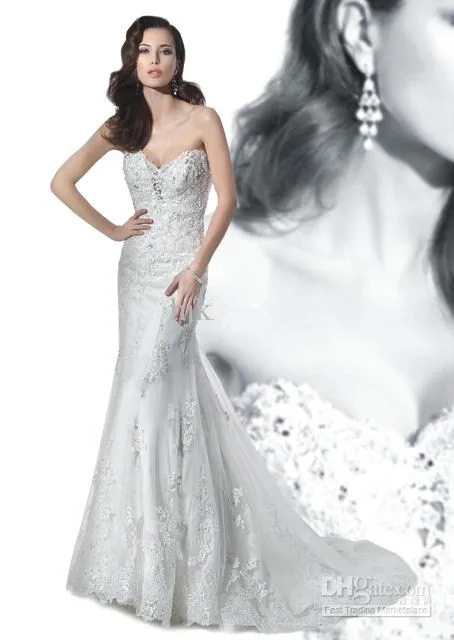 Sweetheart Luxurious Wedding Dresses Lace Mermaid Gowns Chapel train Tulle Applique Beaded Button Gorgeous Bridal | Свадьбы и