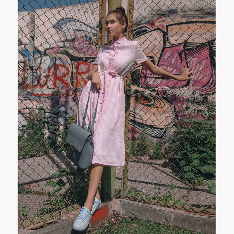 Женское Повседневное платье-рубашка в полоску винтажное платье до колена с