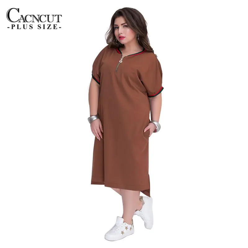 Прямые женские платья CACNCUT 5XL 6XL 2020 размера плюс с молнией и круглым вырезом летнее