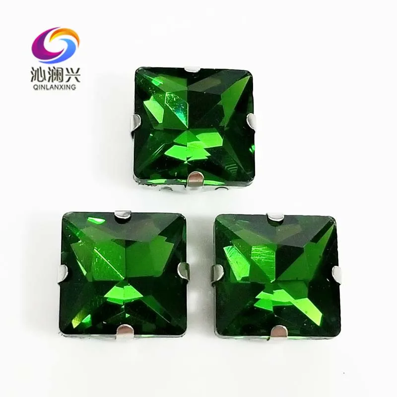 

Grass green top quality Glass Crystal sew on stones,square shape claw rhinestone with holes,Diy/Clothing accessorie SWZ420