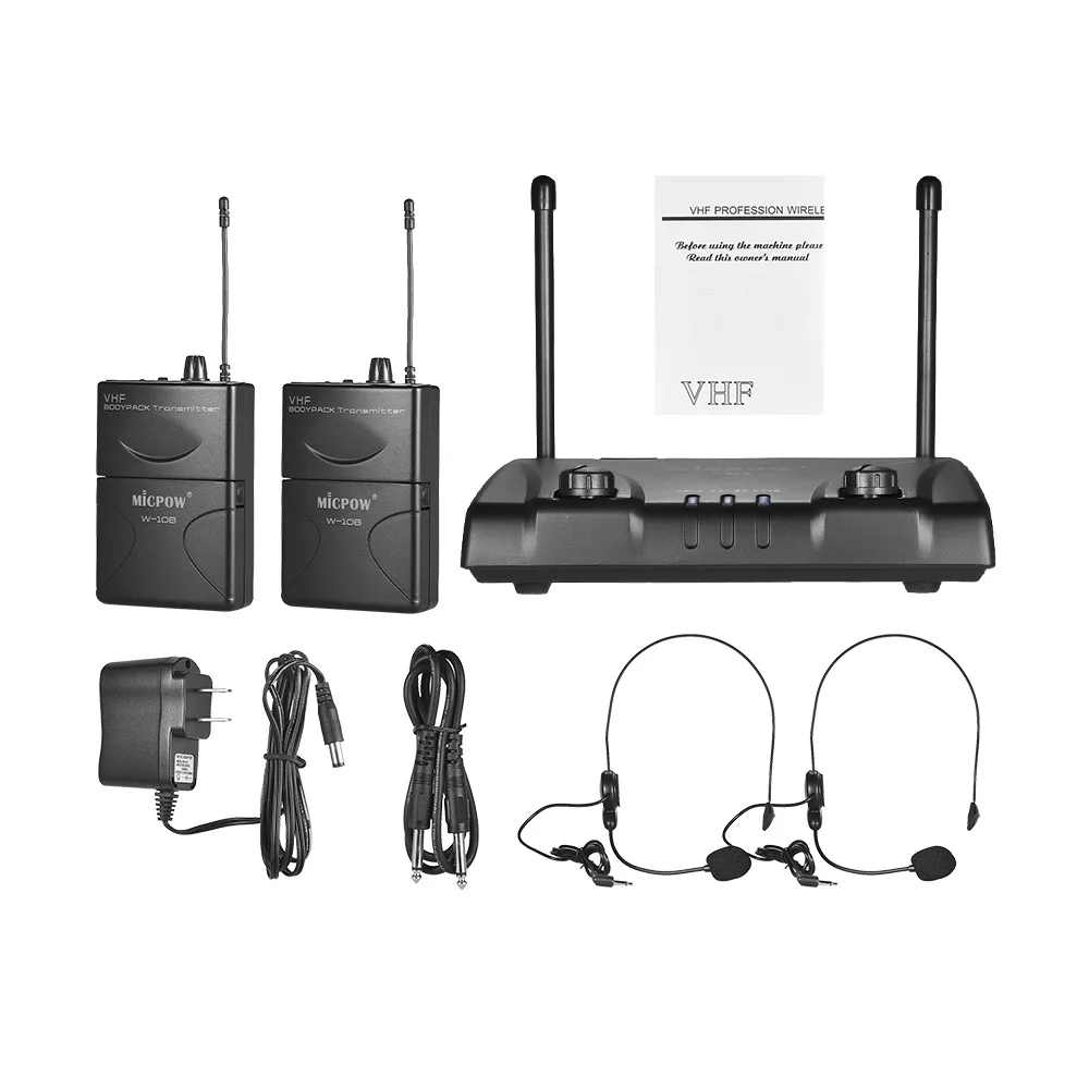 MICPOW W-10 VHF Двухканальный беспроводной микрофон 2 гарнитура микрофон 2 поясной пакет передатчики приемник для классных занятий