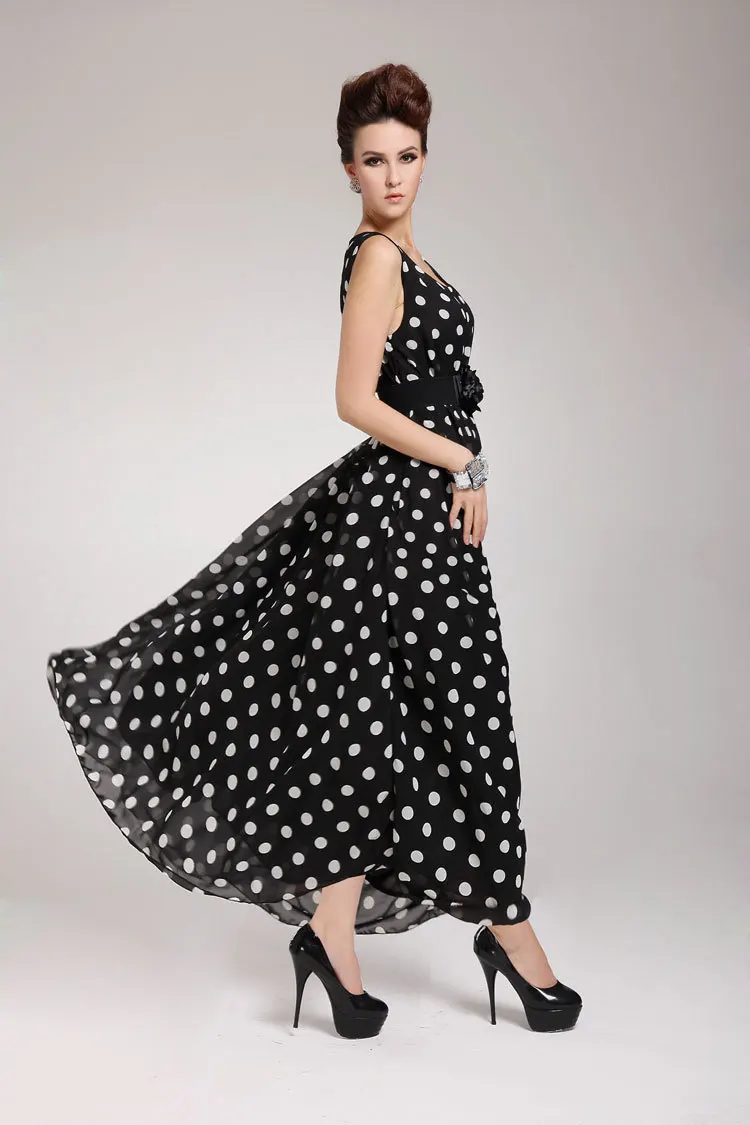 С поясом! 2015 мода новый женский чешские длинное платье танк белые точки лето