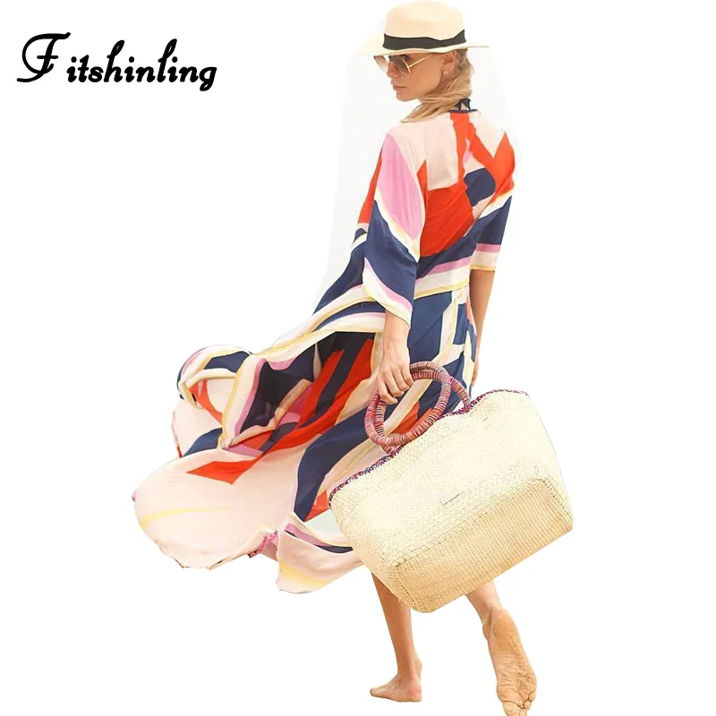 Женское платье парео fitshining разноцветное пляжное длинное с рукавом фонариком|sexy