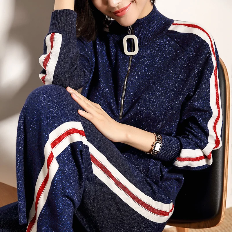 Женский трикотажный костюм-двойка вязаный свитер + повседневные штаны весна 2019 |