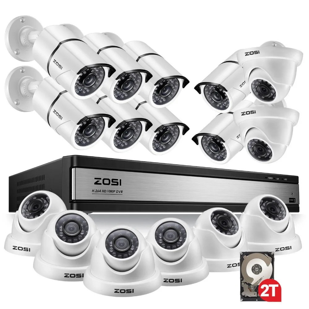 ZOSI 1080p 16CH система видеонаблюдения с 16 шт 2.0MP ночного видения наружная/Внутренняя домашняя камера безопасности 16CH CCTV DVR комплект