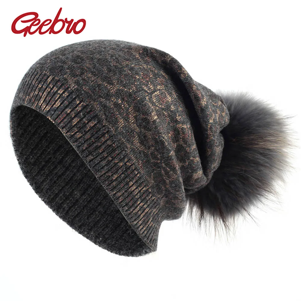 

Geebro Women's Leopard Beanie Hat with Pompom Winter Warm Cashmere Slouchy Beanie with Raccoon Fur Pompom for Femme Skullies