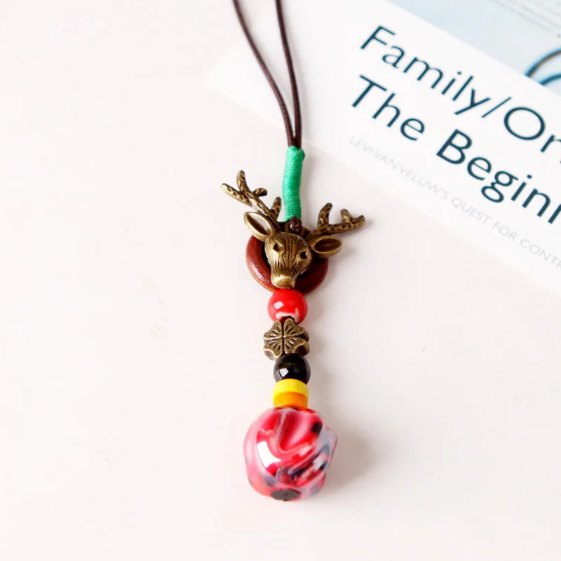 Handmade Ethnic Jewelry Women's Long Hand Made Ceramic Beads Deer Head Flower Pendant Sweater Chain Necklace WW-169 | Украшения и