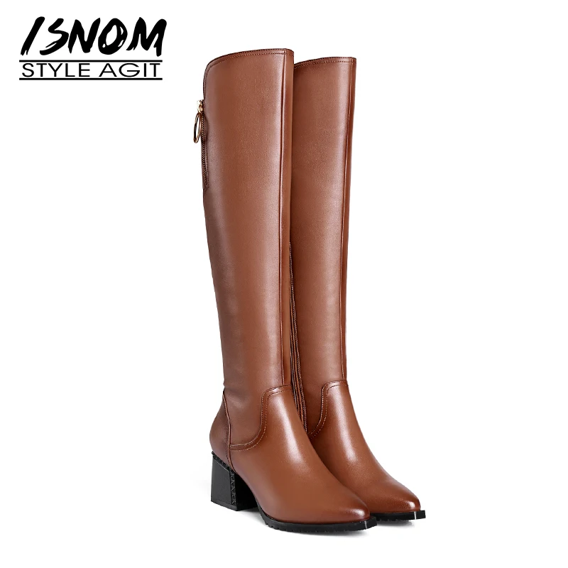 

ISNOM Thick High Heels Women Boots Zip Pointed Toe Footwear Genuine Leather Female Boot Motorcycle Shoes Woman 2018 Winter Black
