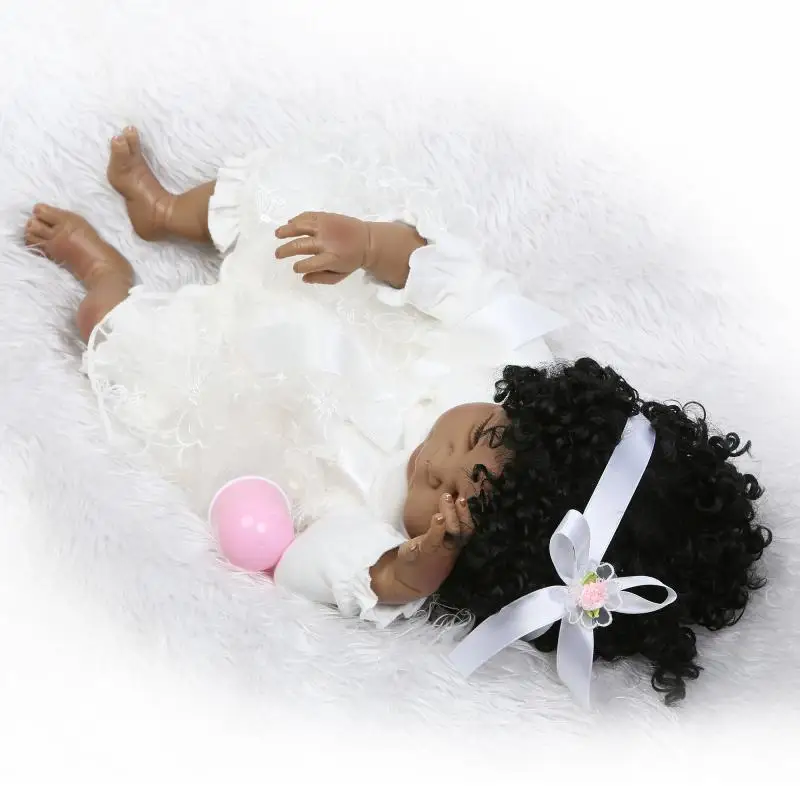NPKCOLLECTION 56cm Black Skin Full Body Silicone Reborn Baby Girl Dolls Lifelike Newborn Babies Doll with Curls Kid's Toy | Куклы и
