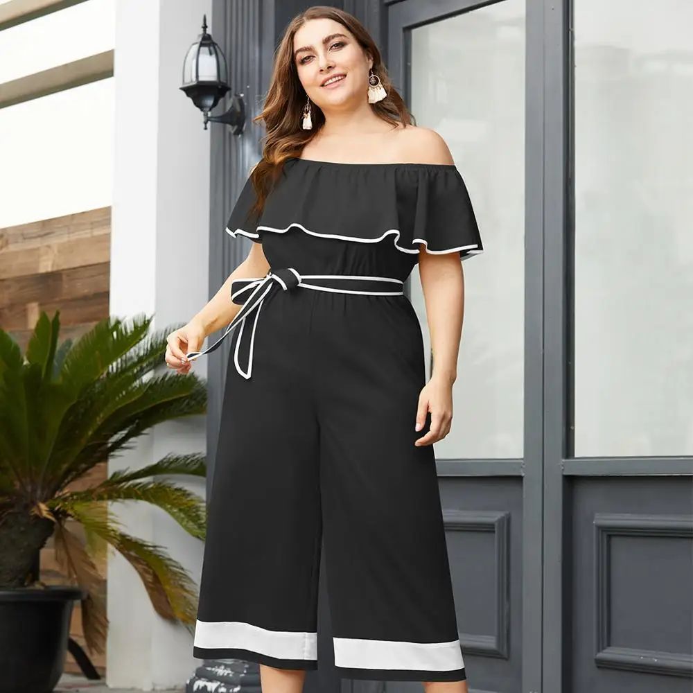 WHZHM женский комбинезон с поясом коротким рукавом вырезом лодочкой и оборками