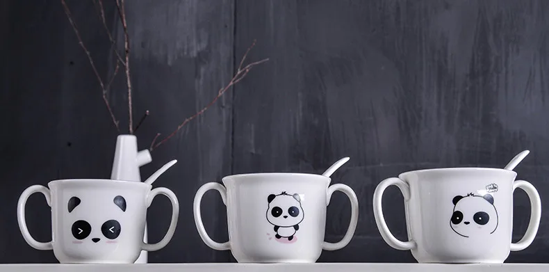Две рукоятки Kawaii Panda Кружки керамическая чашка кофе с молоком кружки с ложкой чашки чая тепловой Бутылки для воды для детский подарок на Рождество