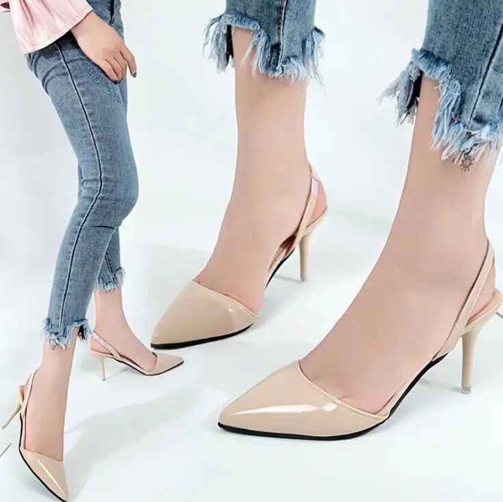 Женские сандалии с острым носком легкие туфли телесного цвета на высоком каблуке