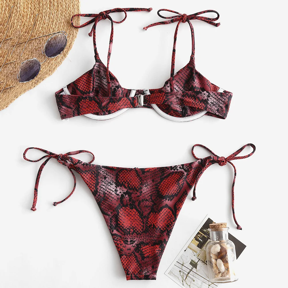 ZAFUL Snake Print Tie Shoulder Underwire Bikini Set Spaghetti Straps Women Swimsuit Padded Swimwear Low Waisted Bathing Suit | Женская