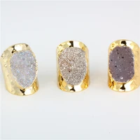 luxury natural foggy grey rough druzy crystal semi precious stone pure gold color metal base hammered open ring cuff for women
