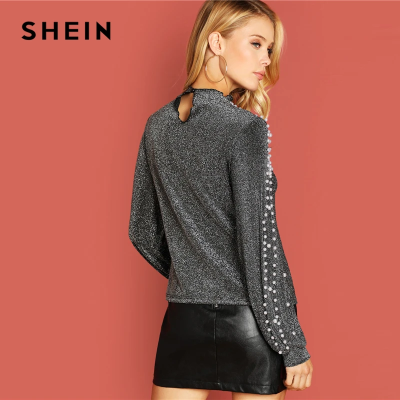 SHEIN Нарядный Джемпер С Бусинами, Топ С Блестками И Длинными Рукавами
