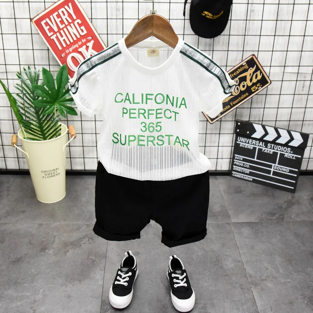 

WNLEIGEL 2018 summer boys fashion clothing set kids white green letter printed breathable short sleeve t shirt and short set 2-7