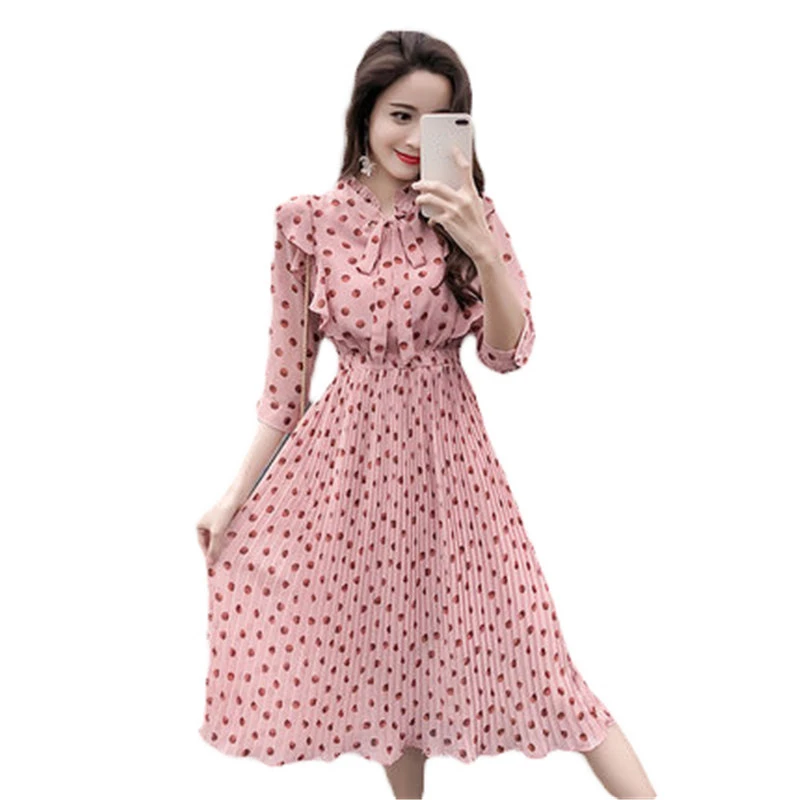 Винтажное шифоновое платье для женщин весна лето 2019 модное с оборками и бантом