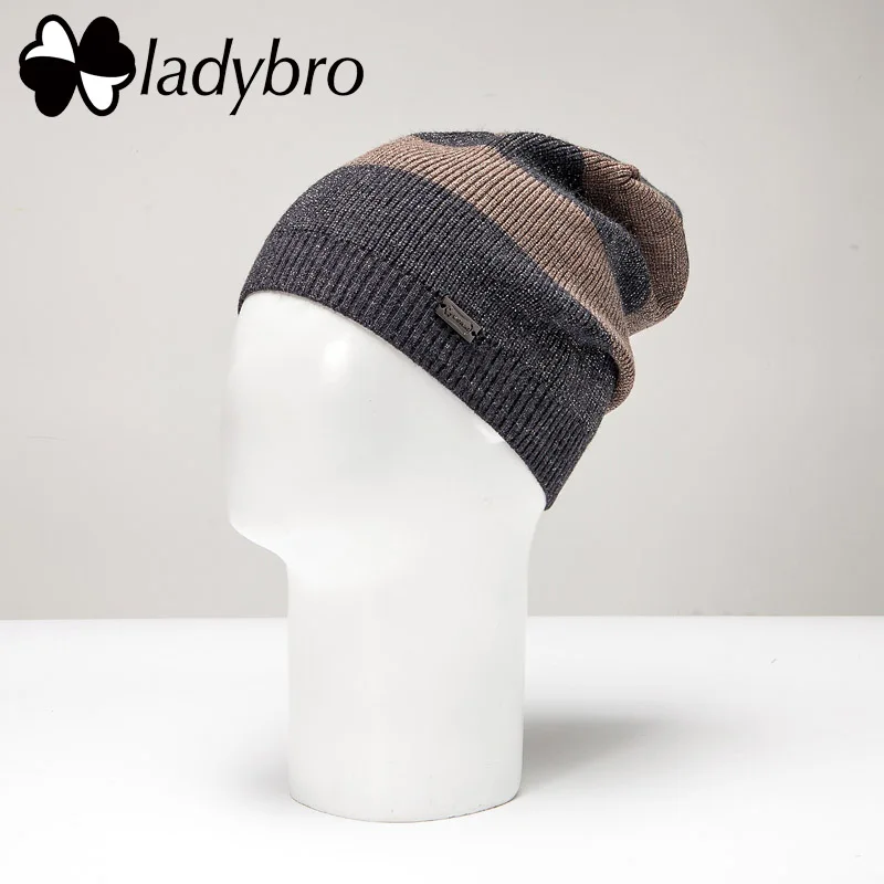 004 Ladybro осень-зима шляпа Для женщин шерстяные шапочки трикотажный свитер шляпа Кепки; женские туфли на плоской подошве в полоску лыжи gorros Для женщин шляпа теплая шапка Femme - Цвет: 004