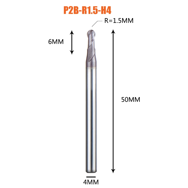 1PC-P2B-R1.5-H4 1 шт. торцевая фреза с шариковым концом 2 флейты R0.5-R6.0 фрезерный станок с ЧПУ для обработки металлических граней и пазов hrc50 концевые фрезы с покрытием - Длина режущей кромки: 1PC-P2B-R1.5-H4