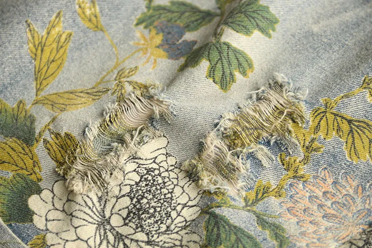 

6159 New Summer Women Japan Style Cotton Wide Leg Pants Print Hole Elastic Waist Casual Short Jeans