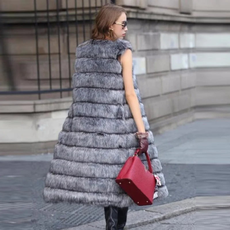 Большой размер искусственный мех новинка 2020 модный жилет 100 длинный полосатый