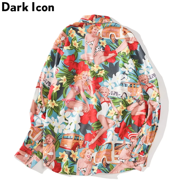 Темно-икона полная печать Гавайский стиль рубашки мужские с отложным воротником