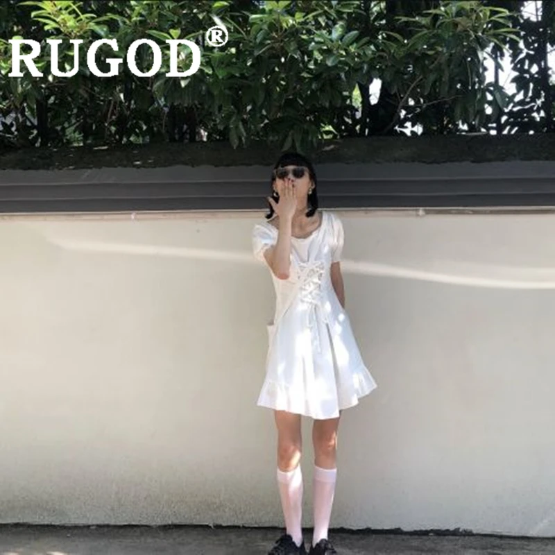 RUGOD/женское однотонное платье в стиле Лолиты с круглым вырезом и пышными рукавами, тонкое мини-платье со шнуровкой, новое модное милое женское платье kawaii