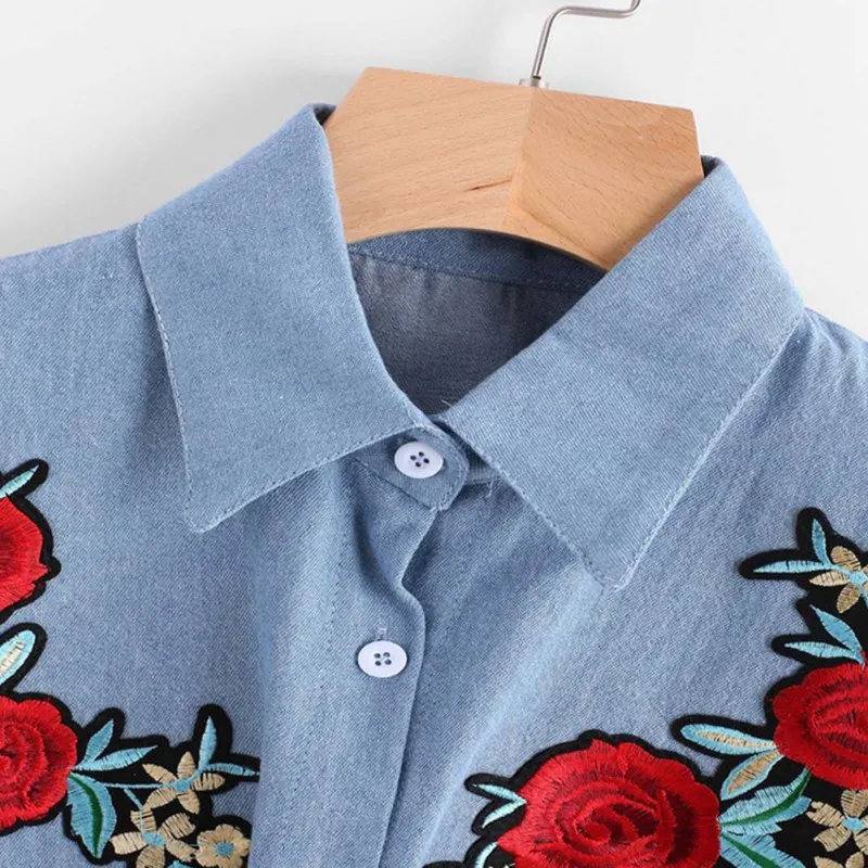 Женская Джинсовая блузка с отложным воротником винтажная Повседневная Блузка