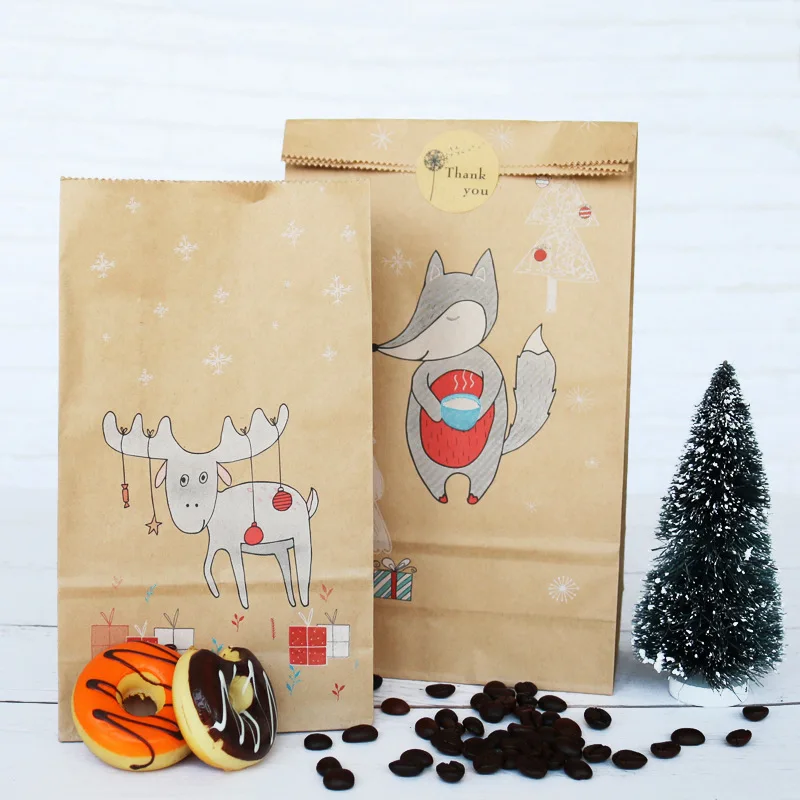 New 12pcs Kraft Paper Fox Moose Snowflake Candy Cookie Gift Bags with Stickers Christmas Party Favors Packaging | Дом и сад