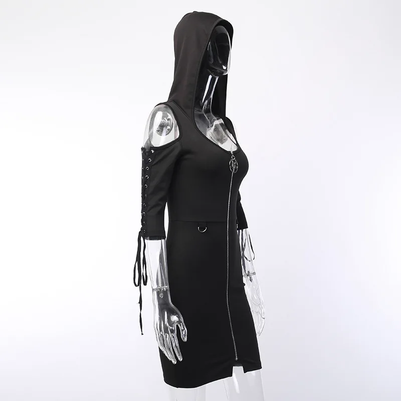 Готическое черное эстетическое длинное платье на молнии с капюшоном женское