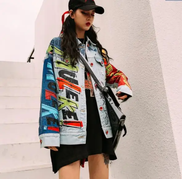 Синий Унисекс Harajuku уличная хип-хоп джинсовая куртка с принтом граффити джинсовая куртка с длинным рукавом для женщин Лоскутная Повседневная Верхняя одежда - Цвет: Синий