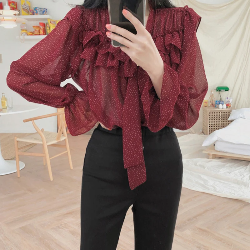 Винтаж v образный вырез расклешенный рукав в горошек женская блузка Рубашки