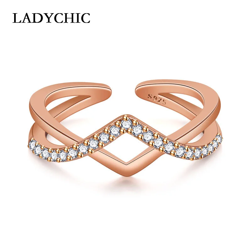 LADYCHIC витой дизайн кубический циркон Открытое кольцо из розового золота и белого