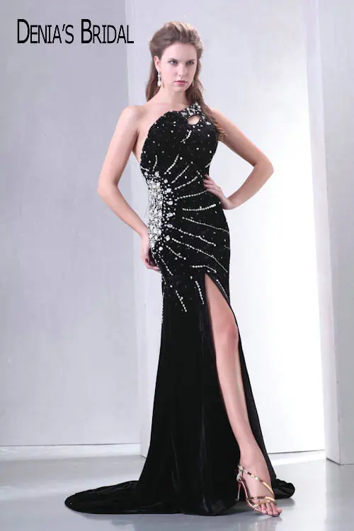 Real Photos Black One Shoulder Keyhole A-Line Evening Dresses Beaded Sweep Train Floor-Length Long Prom Gowns | Свадьбы и торжества