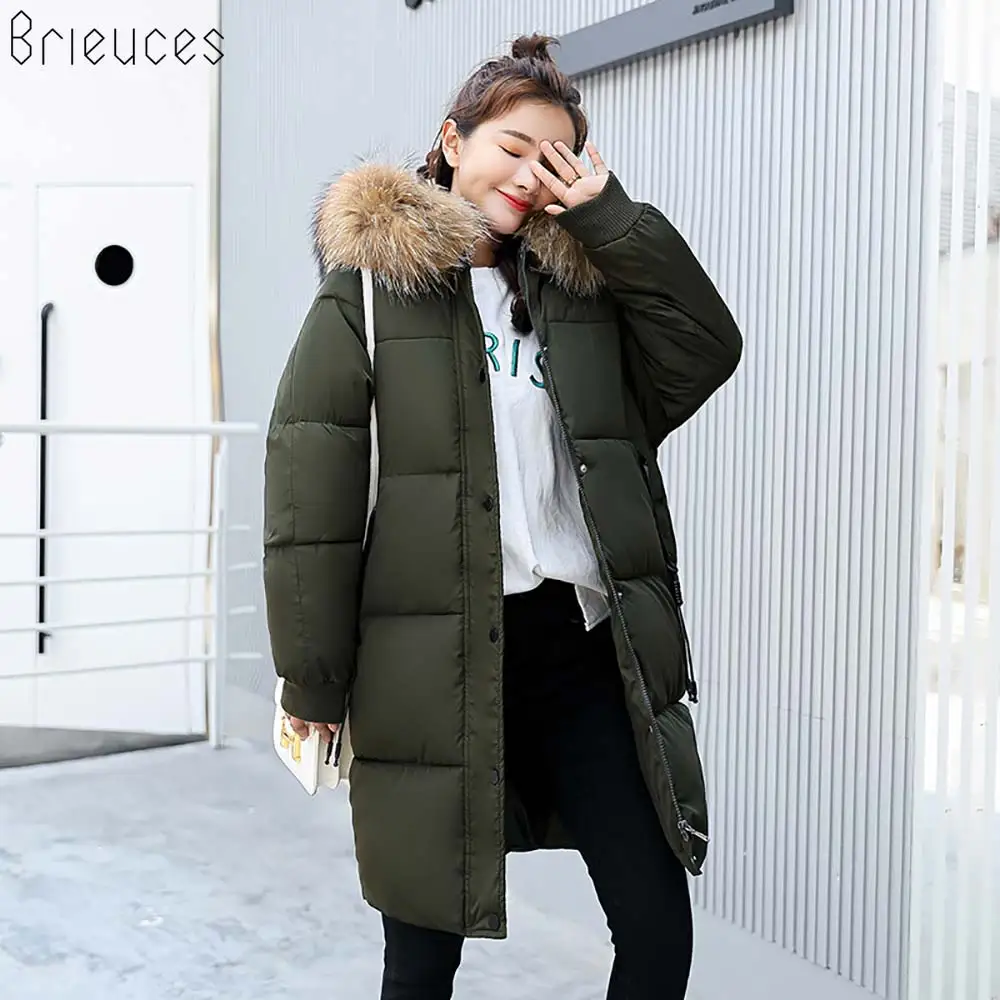 Brieuces New winter jacket women big fur hooded wadded female casual cotton-padded thicken coat parka | Женская одежда