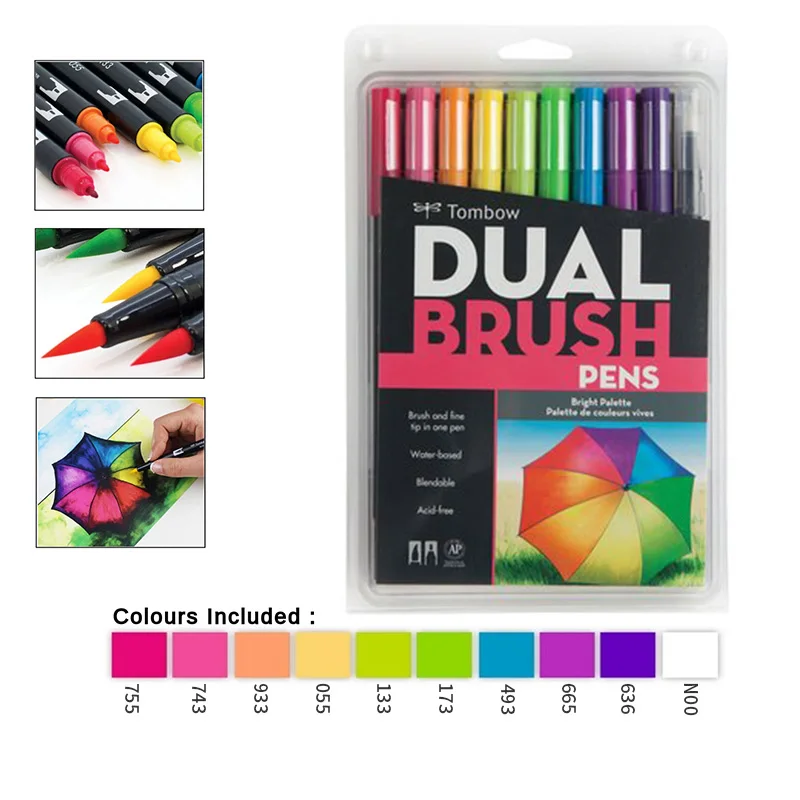 10PKG-brighe Япония Tombow ABT двойная водная Кисть ручка и тонкий наконечник ручка Профессиональный каллиграфический маркер ручка для пули журналов открыток - Цвет: 10PKG-brighe