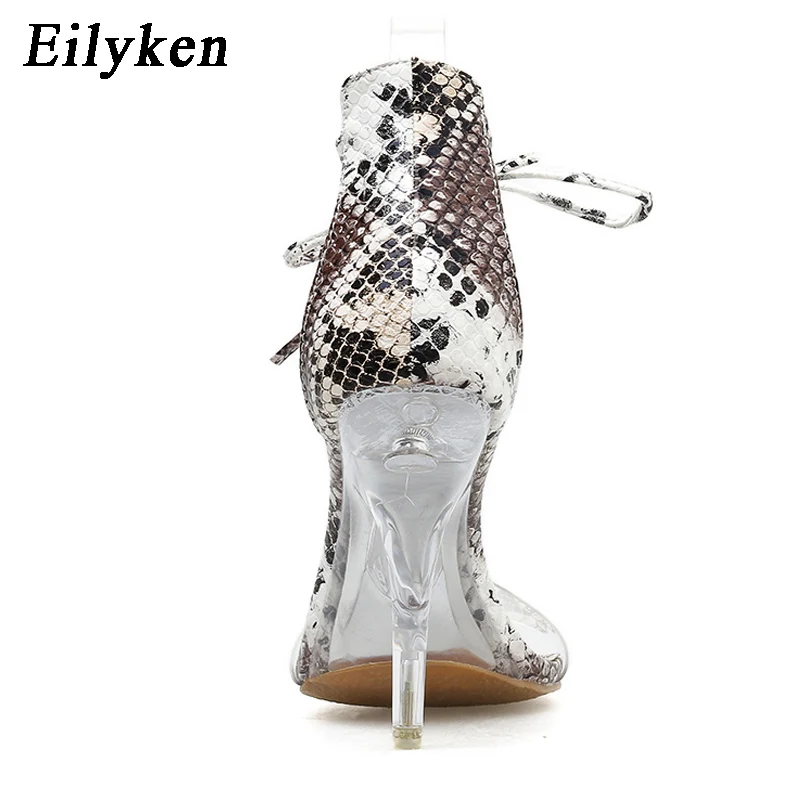 Eilyken/Новинка года; модные летние женские босоножки из ПВХ со змеиным принтом и перекрестными ремешками на лодыжках; босоножки на необычном каблуке; Размеры 35-42