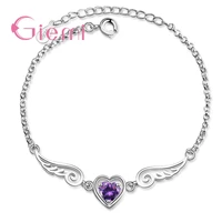 925 simple fashion stylish beautiful purple crystal love heart braclets with angel wings lover bangles for girls women jewelry