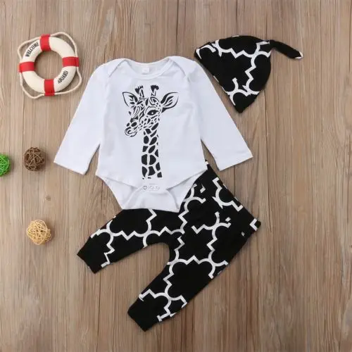 Pudcoco 2018 Newborn Infant Baby Boy Clothes Set Giraffe Bodysuit+Long Trousers Pants+Hats 3pcs Gentleman Outfit Autumn 0-18M |