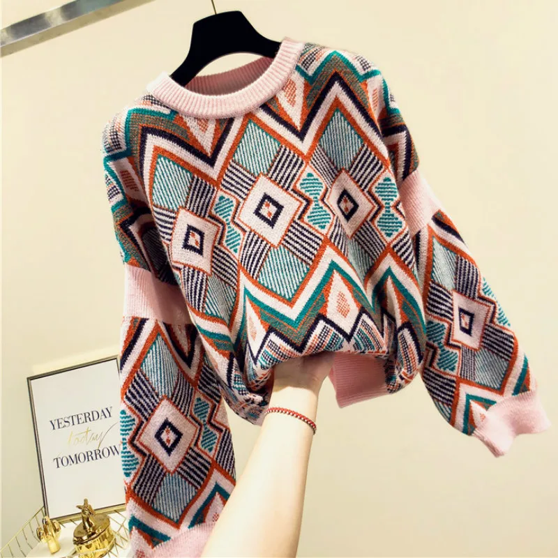 Ins lazy sweater O-Neck geometric Pullovers loose Knitted Shirts Long Flare Sleeved High Waist tops | Женская одежда