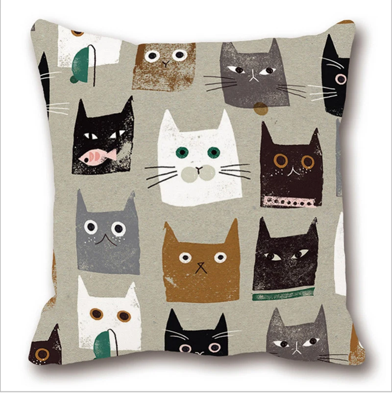 

Customized Cartoon Cute Cat Print Cushion Cover Home Decor Linen Square Pillowcase
