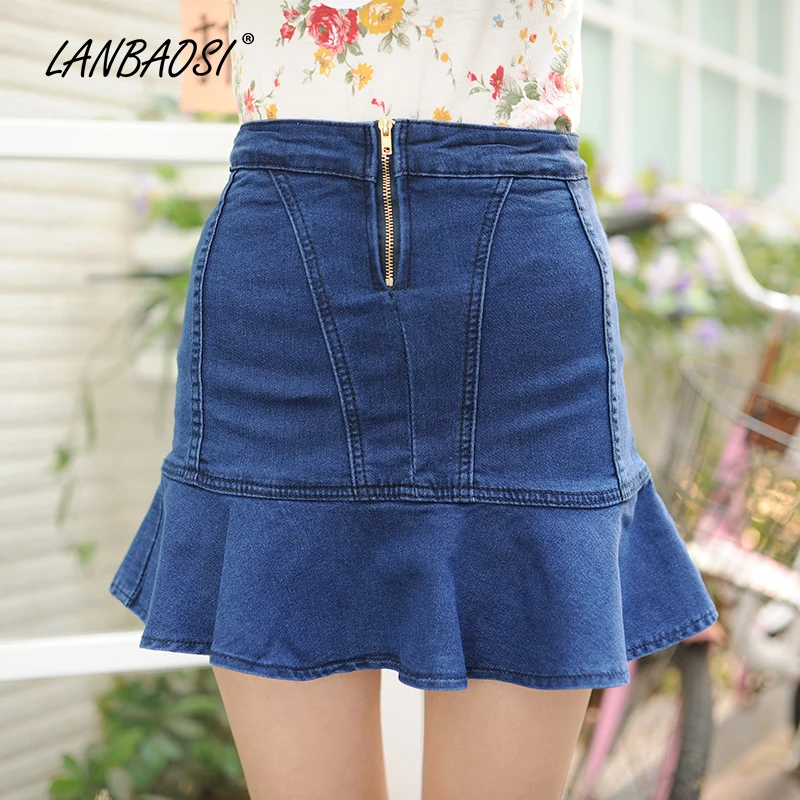 LANBAOSI синяя джинсовая юбка для женщин ковбойская с высокой талией Женская