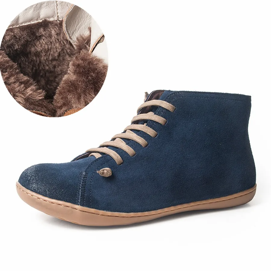 blue suede fur Женские повседневные Зимние ботильоны из натуральной овечьей кожи; удобная качественная мягкая обувь ручной работы на плоской подошве; цвет синий, желтый; ботинки на меху - Цвет: blue suede fur