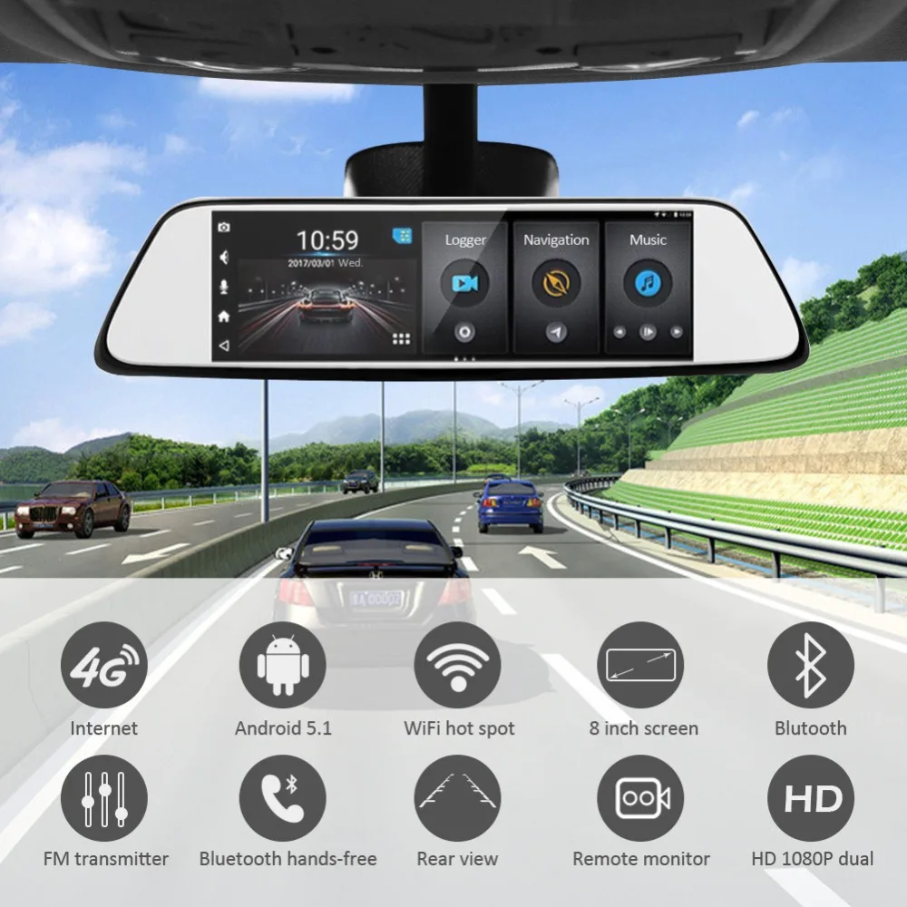 AZGIANT 8 дюймов 4G полный экран Автомобильный видеорегистратор Запись HD 1080P видео