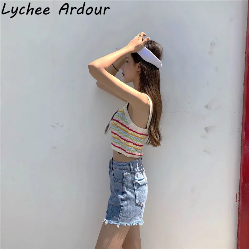 Lychee Ardour радужные полосатые женские трикотажные топики в полоску топы весна лето
