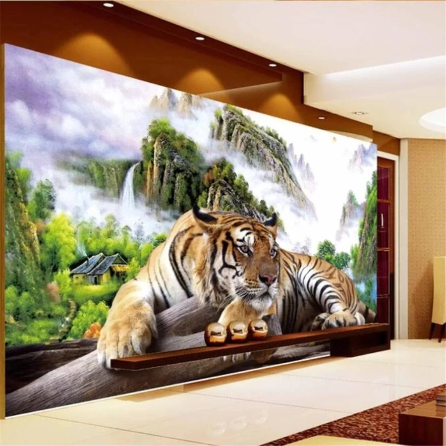 beibehang Custom wallpaper 3d mural tiger down the mountain king domineering TV sofa living room background | Обустройство дома