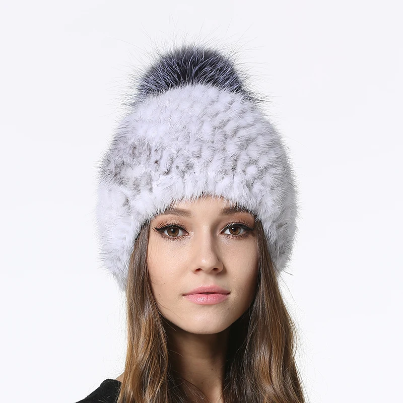 

IANLAN Winter Striped Mink Fur Beanies for Women Real Silver Fox Fur Ball Caps Ladies Fur Pompom Hats IL00046