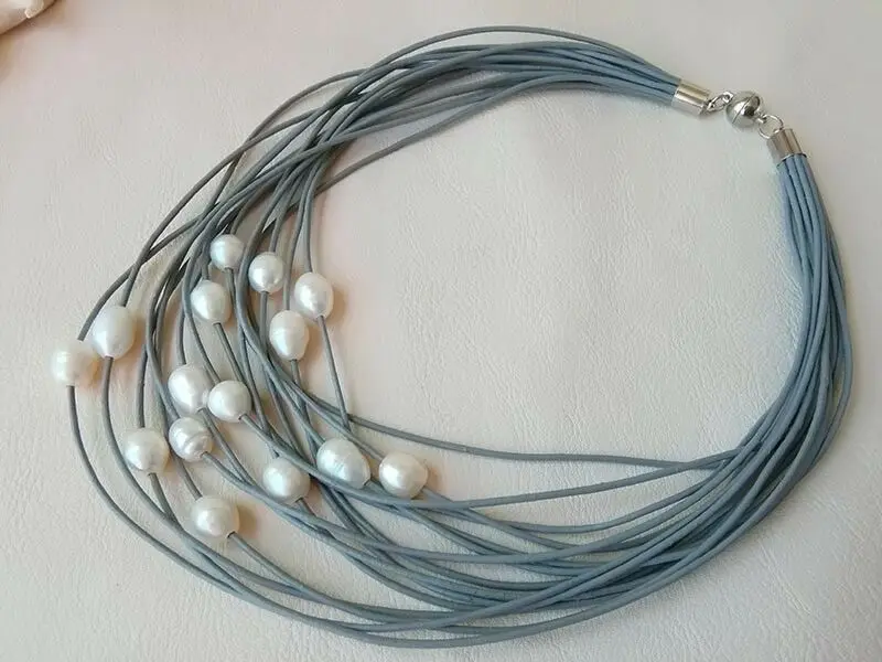 15 rows gray leather white genuine cultured freshwater pearl necklace 17-20&quot | Украшения и аксессуары