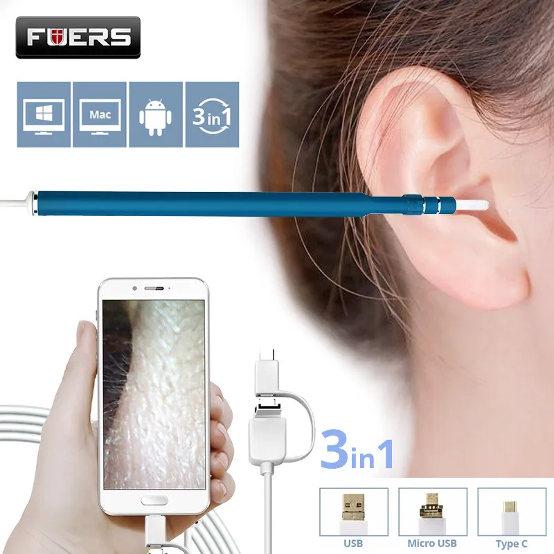 Fuers 3 в 1 Otoscope эндоскоп камера 720P HD визуальная Ушная ложка лопатка Чистка бороскоп